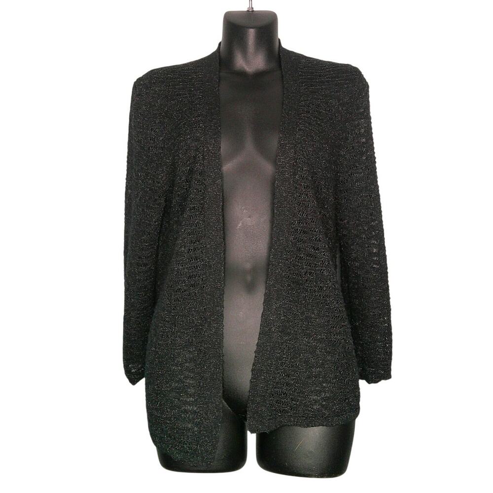 Kasper Small Black Woven Knit Open Cardigan Black 3/4 Sleeve Acrylic Polyester